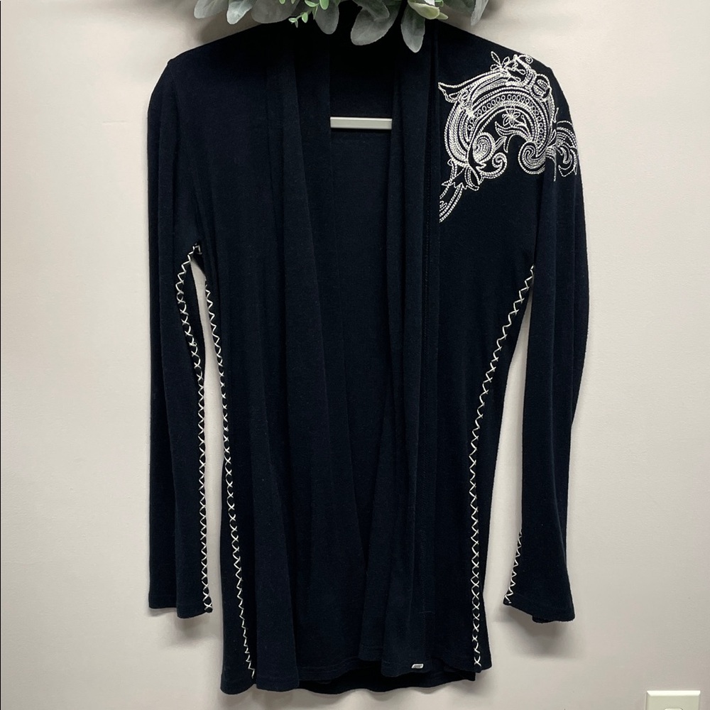 Enti Wool Blend Open Cardigan Embroidered Contrast Stitching Shawl Collar M